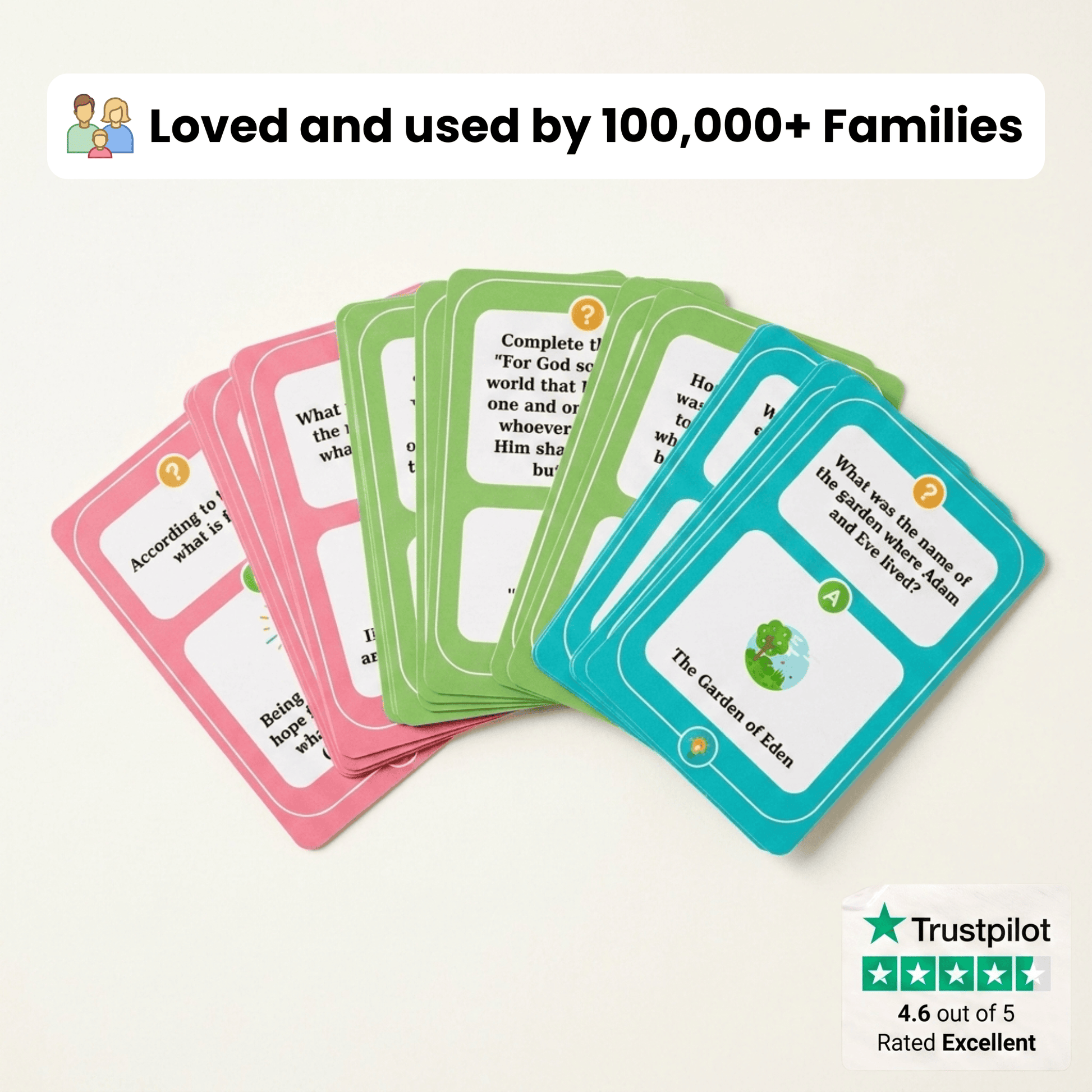 A fan of colorful religious cards on a light beige background, with text reading 'Loved and used by 100,000+ Families' and a Trustpilot rating badge in the lower right corner.