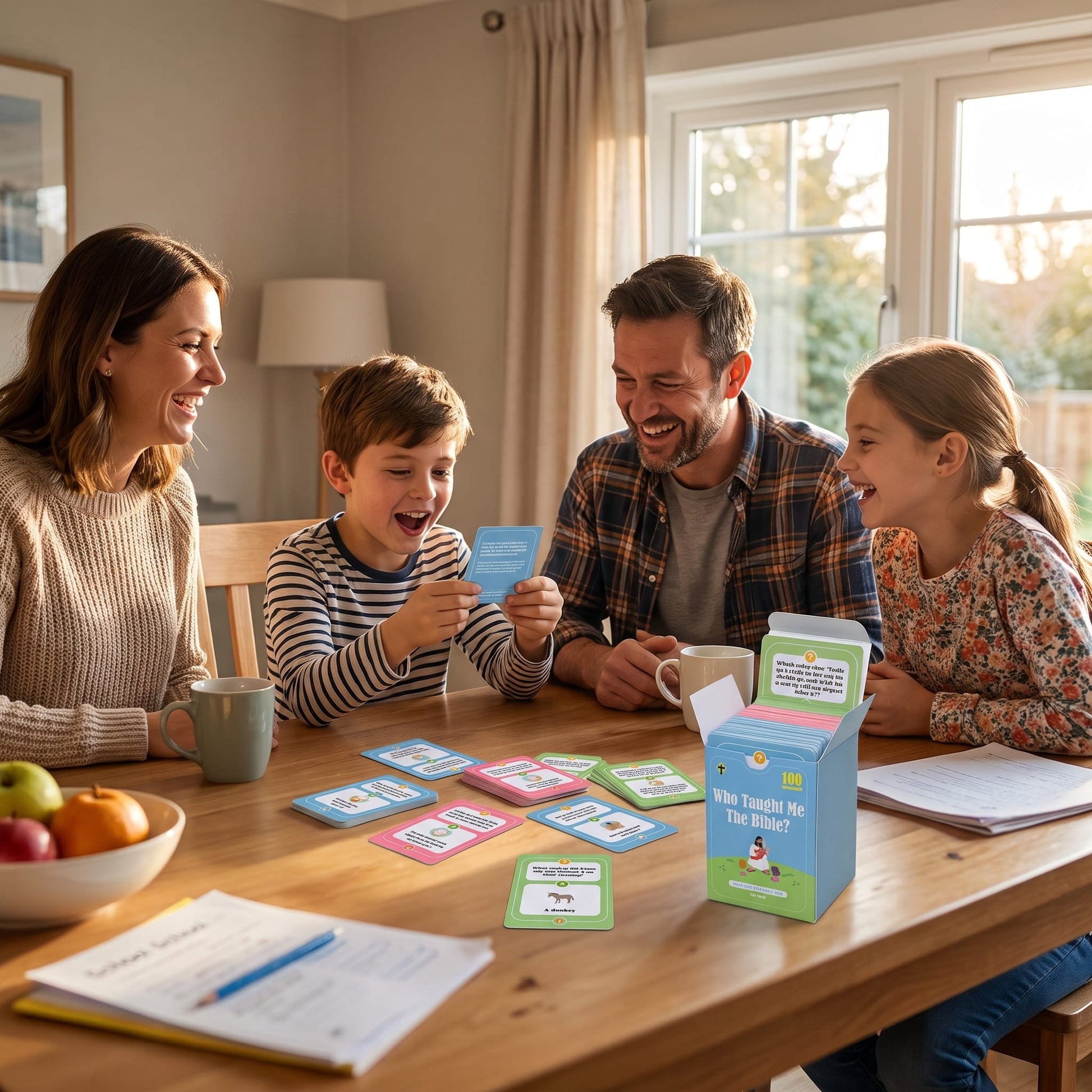 A family of four sits around a wooden dining table playing a card game. The father holds up a blue card, and the mother, son, and daughter are smiling and laughing.